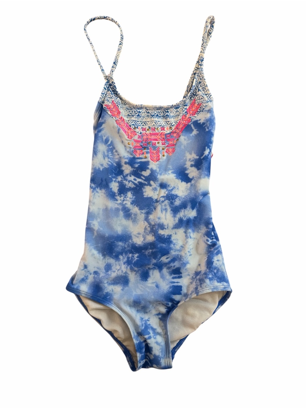 NWT- Girls Blue Tie-Dye One-Piece Swimsuit with Pink Embroidery